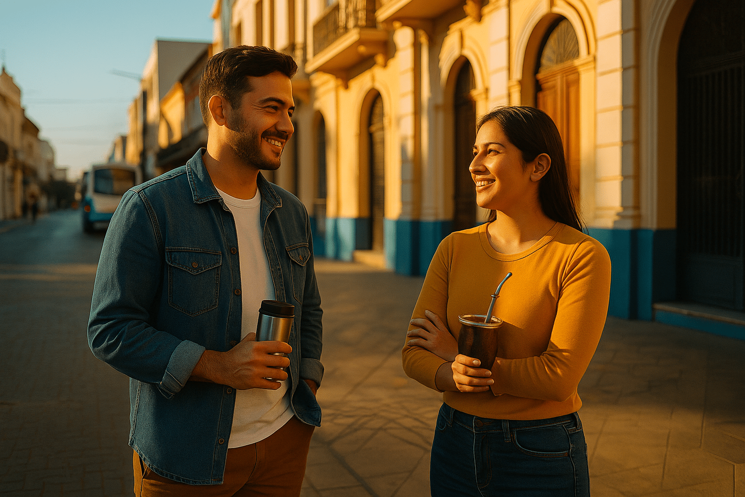 Conversando con calma en una vereda al atardecer